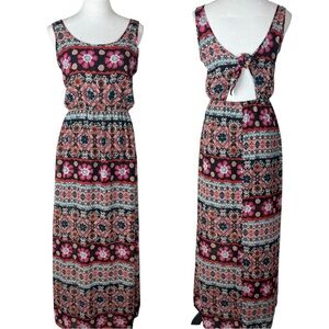 Myán Women’s Boho Floral Maxi Dress Open Back Tie Detail | Made in USA | Size‎ M